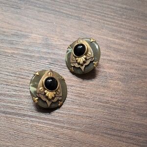 Elegant Gold Jade and Onyx Black Clip Earrings